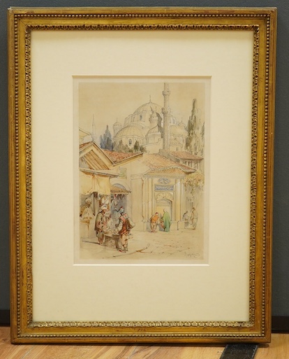 Orientalist School, pencil and watercolour, Street scene with market sellers, indistinctly signed lower right, 30 x 21cm, gilt framed. Condition - fair to good